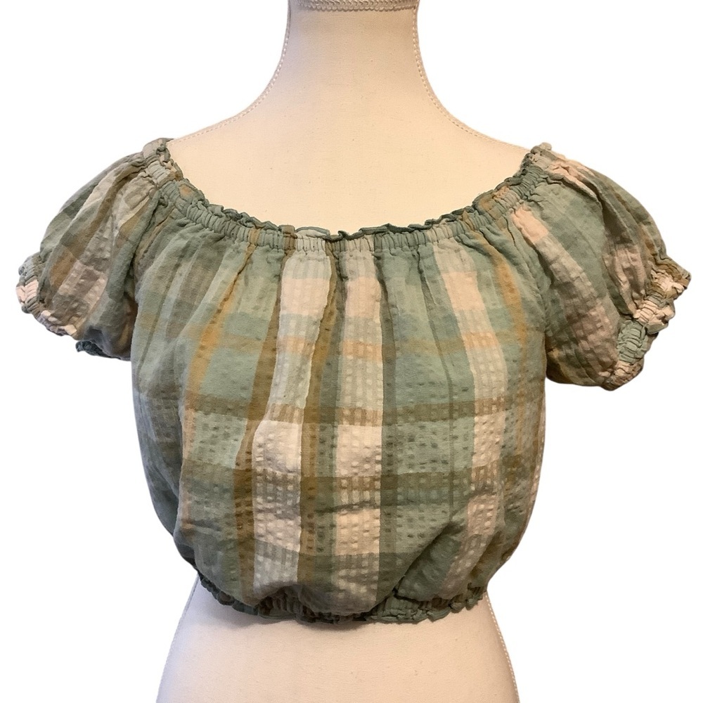 American Eagle/ AE Smocked Puff Sleeve Crop Top XS Sage Green Plaid